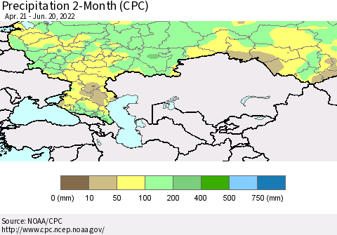 Russian Federation Precipitation 2-Month (CPC) Thematic Map For 4/21/2022 - 6/20/2022
