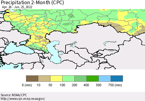 Russian Federation Precipitation 2-Month (CPC) Thematic Map For 4/26/2022 - 6/25/2022