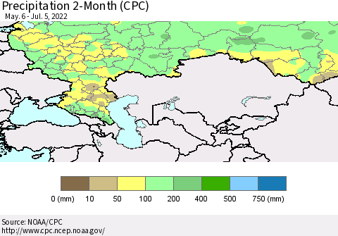 Russian Federation Precipitation 2-Month (CPC) Thematic Map For 5/6/2022 - 7/5/2022