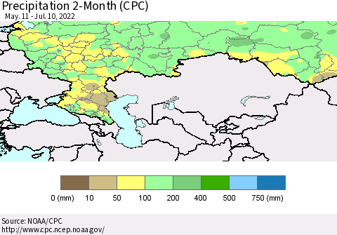Russian Federation Precipitation 2-Month (CPC) Thematic Map For 5/11/2022 - 7/10/2022