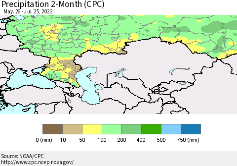 Russian Federation Precipitation 2-Month (CPC) Thematic Map For 5/26/2022 - 7/25/2022