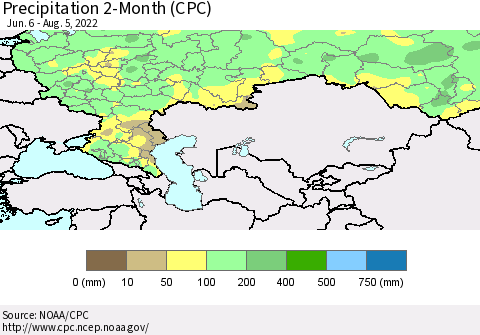 Russian Federation Precipitation 2-Month (CPC) Thematic Map For 6/6/2022 - 8/5/2022