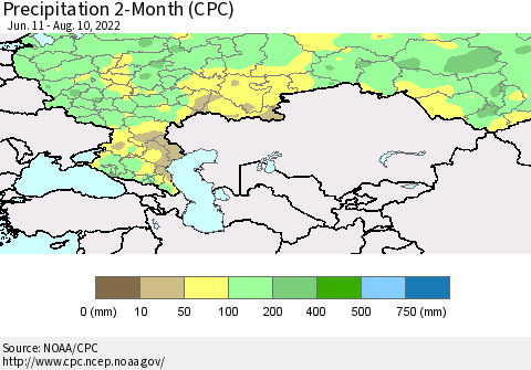 Russian Federation Precipitation 2-Month (CPC) Thematic Map For 6/11/2022 - 8/10/2022