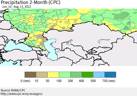 Russian Federation Precipitation 2-Month (CPC) Thematic Map For 6/16/2022 - 8/15/2022