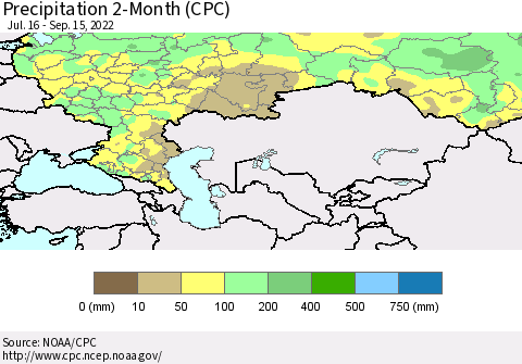 Russian Federation Precipitation 2-Month (CPC) Thematic Map For 7/16/2022 - 9/15/2022