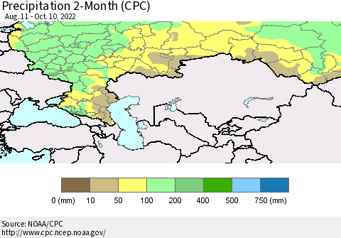 Russian Federation Precipitation 2-Month (CPC) Thematic Map For 8/11/2022 - 10/10/2022