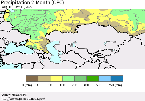 Russian Federation Precipitation 2-Month (CPC) Thematic Map For 8/16/2022 - 10/15/2022
