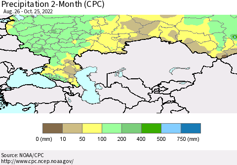 Russian Federation Precipitation 2-Month (CPC) Thematic Map For 8/26/2022 - 10/25/2022