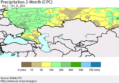 Russian Federation Precipitation 2-Month (CPC) Thematic Map For 9/1/2022 - 10/31/2022
