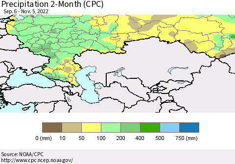 Russian Federation Precipitation 2-Month (CPC) Thematic Map For 9/6/2022 - 11/5/2022