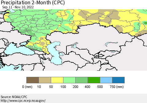 Russian Federation Precipitation 2-Month (CPC) Thematic Map For 9/11/2022 - 11/10/2022