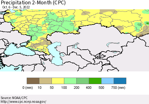 Russian Federation Precipitation 2-Month (CPC) Thematic Map For 10/6/2022 - 12/5/2022