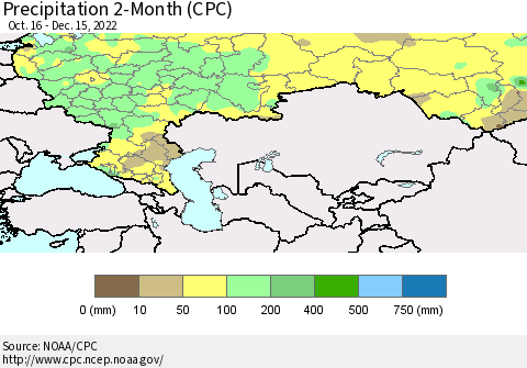 Russian Federation Precipitation 2-Month (CPC) Thematic Map For 10/16/2022 - 12/15/2022