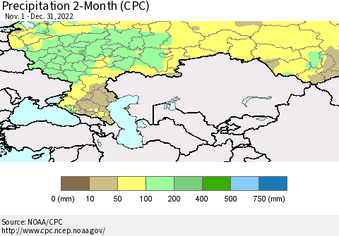 Russian Federation Precipitation 2-Month (CPC) Thematic Map For 11/1/2022 - 12/31/2022