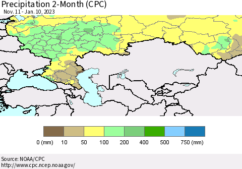 Russian Federation Precipitation 2-Month (CPC) Thematic Map For 11/11/2022 - 1/10/2023