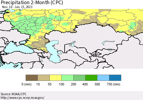 Russian Federation Precipitation 2-Month (CPC) Thematic Map For 11/16/2022 - 1/15/2023
