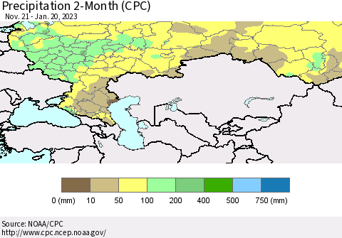 Russian Federation Precipitation 2-Month (CPC) Thematic Map For 11/21/2022 - 1/20/2023