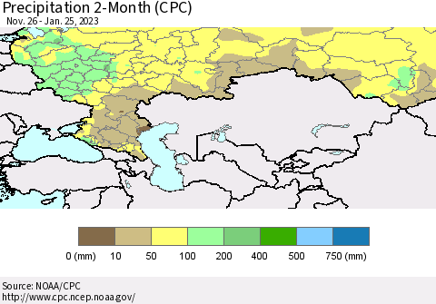 Russian Federation Precipitation 2-Month (CPC) Thematic Map For 11/26/2022 - 1/25/2023