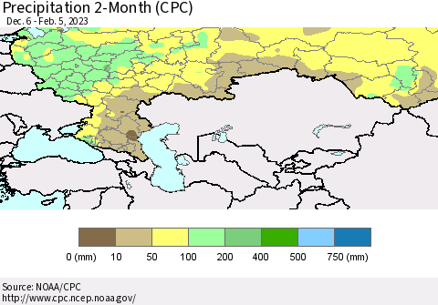 Russian Federation Precipitation 2-Month (CPC) Thematic Map For 12/6/2022 - 2/5/2023