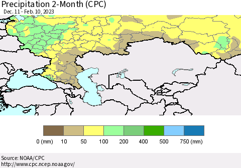 Russian Federation Precipitation 2-Month (CPC) Thematic Map For 12/11/2022 - 2/10/2023