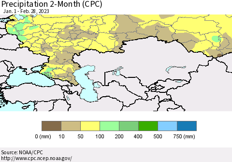 Russian Federation Precipitation 2-Month (CPC) Thematic Map For 1/1/2023 - 2/28/2023