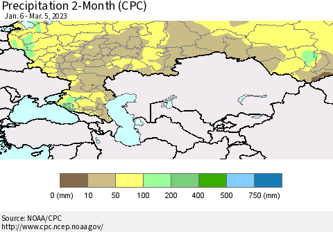 Russian Federation Precipitation 2-Month (CPC) Thematic Map For 1/6/2023 - 3/5/2023