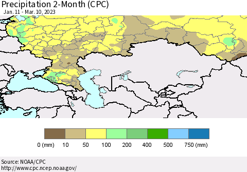 Russian Federation Precipitation 2-Month (CPC) Thematic Map For 1/11/2023 - 3/10/2023
