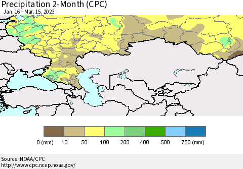 Russian Federation Precipitation 2-Month (CPC) Thematic Map For 1/16/2023 - 3/15/2023