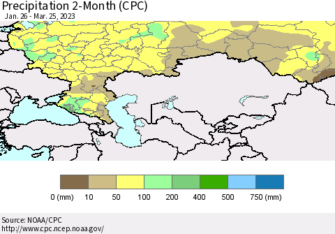Russian Federation Precipitation 2-Month (CPC) Thematic Map For 1/26/2023 - 3/25/2023