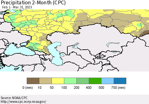 Russian Federation Precipitation 2-Month (CPC) Thematic Map For 2/1/2023 - 3/31/2023