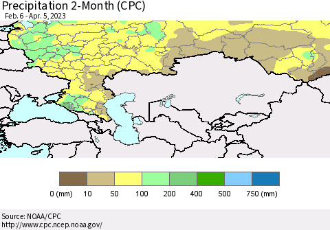 Russian Federation Precipitation 2-Month (CPC) Thematic Map For 2/6/2023 - 4/5/2023