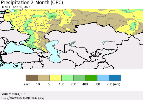 Russian Federation Precipitation 2-Month (CPC) Thematic Map For 3/1/2023 - 4/30/2023