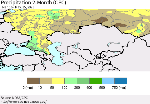Russian Federation Precipitation 2-Month (CPC) Thematic Map For 3/16/2023 - 5/15/2023