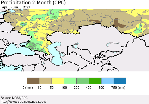 Russian Federation Precipitation 2-Month (CPC) Thematic Map For 4/6/2023 - 6/5/2023