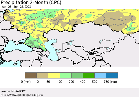 Russian Federation Precipitation 2-Month (CPC) Thematic Map For 4/26/2023 - 6/25/2023