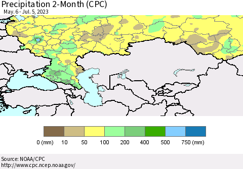 Russian Federation Precipitation 2-Month (CPC) Thematic Map For 5/6/2023 - 7/5/2023