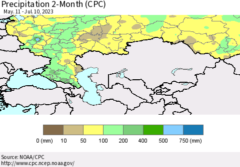 Russian Federation Precipitation 2-Month (CPC) Thematic Map For 5/11/2023 - 7/10/2023