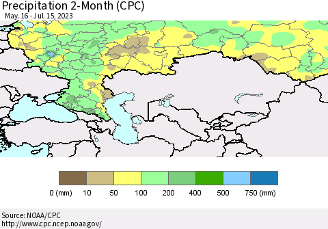 Russian Federation Precipitation 2-Month (CPC) Thematic Map For 5/16/2023 - 7/15/2023