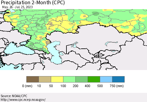 Russian Federation Precipitation 2-Month (CPC) Thematic Map For 5/26/2023 - 7/25/2023