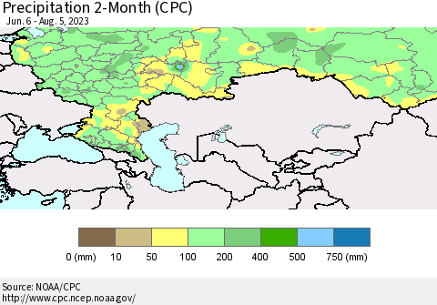 Russian Federation Precipitation 2-Month (CPC) Thematic Map For 6/6/2023 - 8/5/2023