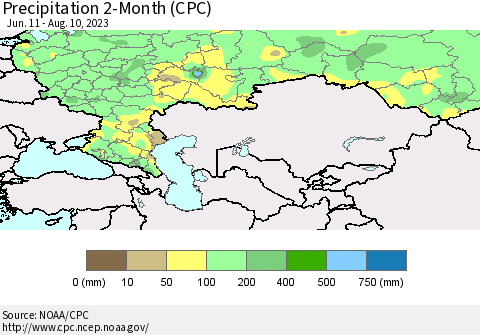 Russian Federation Precipitation 2-Month (CPC) Thematic Map For 6/11/2023 - 8/10/2023