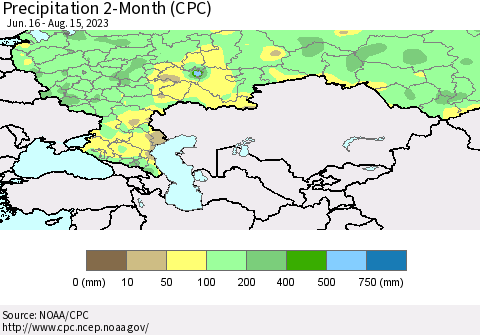Russian Federation Precipitation 2-Month (CPC) Thematic Map For 6/16/2023 - 8/15/2023