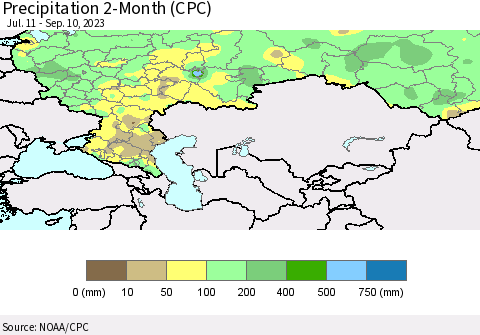 Russian Federation Precipitation 2-Month (CPC) Thematic Map For 7/11/2023 - 9/10/2023