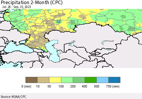 Russian Federation Precipitation 2-Month (CPC) Thematic Map For 7/26/2023 - 9/25/2023