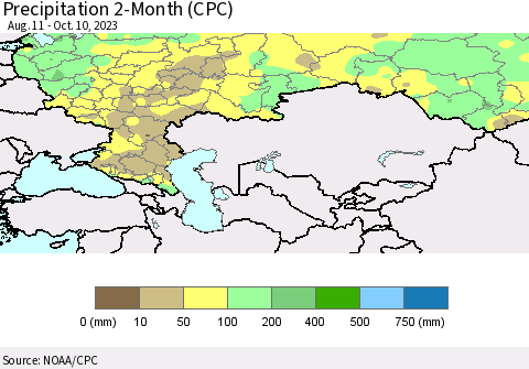 Russian Federation Precipitation 2-Month (CPC) Thematic Map For 8/11/2023 - 10/10/2023