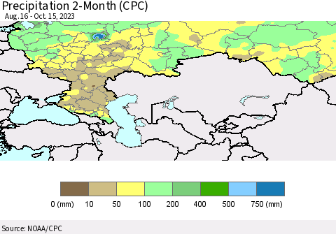 Russian Federation Precipitation 2-Month (CPC) Thematic Map For 8/16/2023 - 10/15/2023