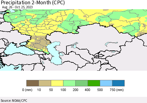 Russian Federation Precipitation 2-Month (CPC) Thematic Map For 8/26/2023 - 10/25/2023