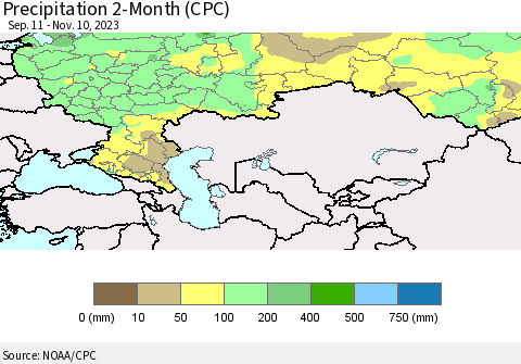 Russian Federation Precipitation 2-Month (CPC) Thematic Map For 9/11/2023 - 11/10/2023