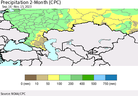 Russian Federation Precipitation 2-Month (CPC) Thematic Map For 9/16/2023 - 11/15/2023