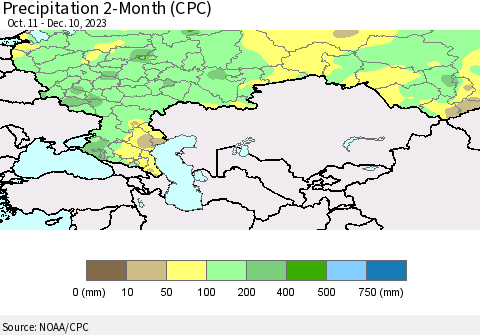 Russian Federation Precipitation 2-Month (CPC) Thematic Map For 10/11/2023 - 12/10/2023